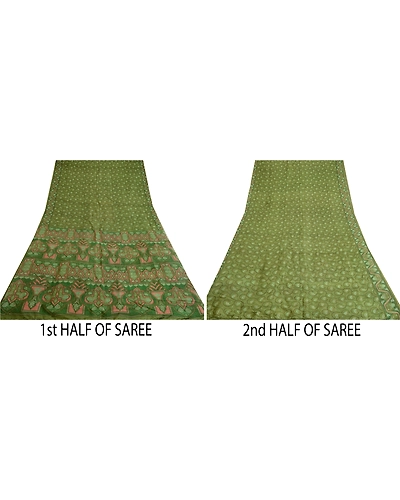 Sanskriti Vintage Sarees From India Green Pure Silk Printed Sari Craft Fabric, PR-64675-Green-Pure Silk-7