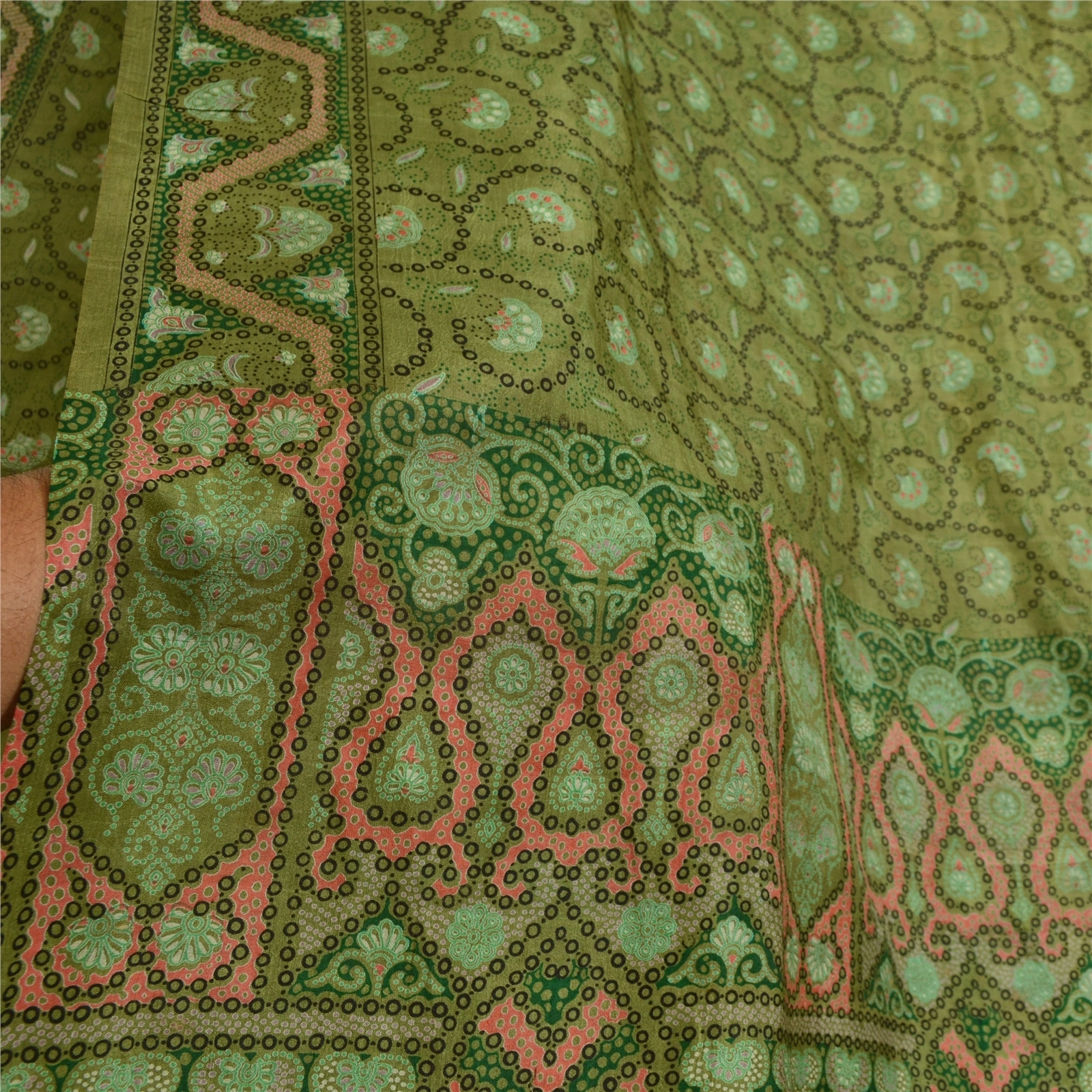 Sanskriti Vintage Sarees From India Green Pure Silk Printed Sari Craft Fabric, PR-64675-Green-Pure Silk-8