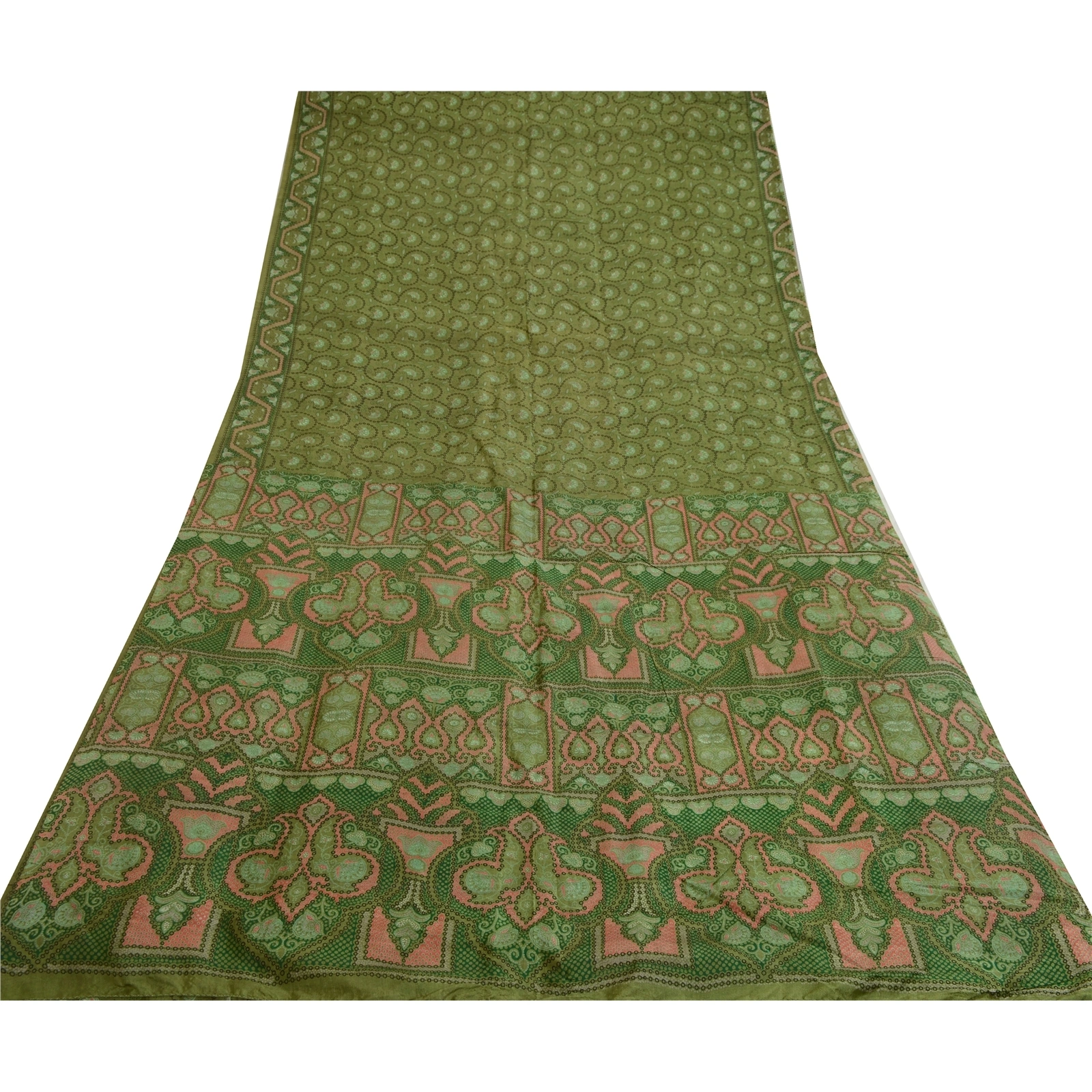 Sanskriti Vintage Sarees From India Green Pure Silk Printed Sari Craft Fabric, PR-64675-Green-Pure Silk-11