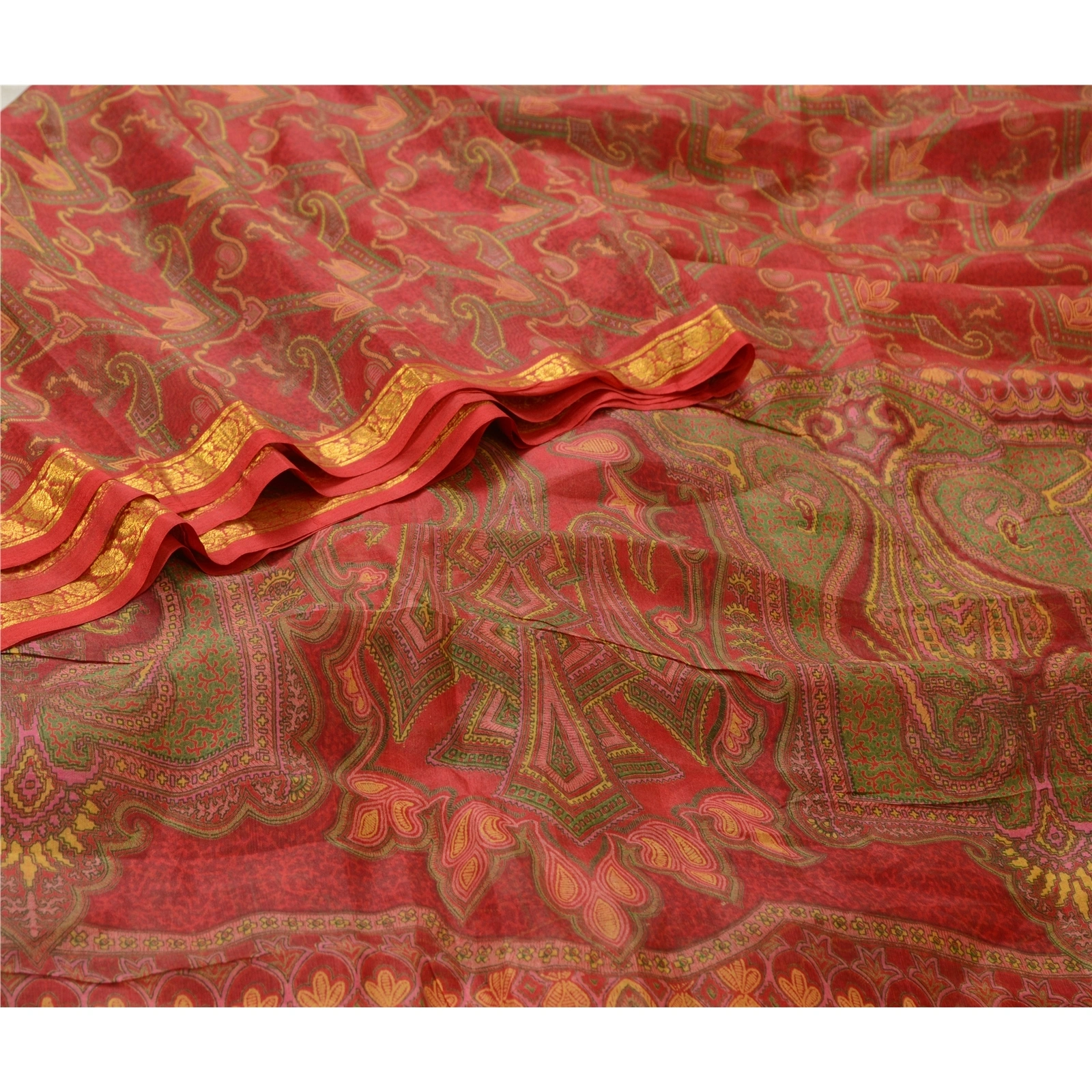 Sanskriti Vintage Sarees Red Zari Border Pure Silk Printed Sari 5Yd Craft Fabric, PR-64676-Red-Pure Silk-1