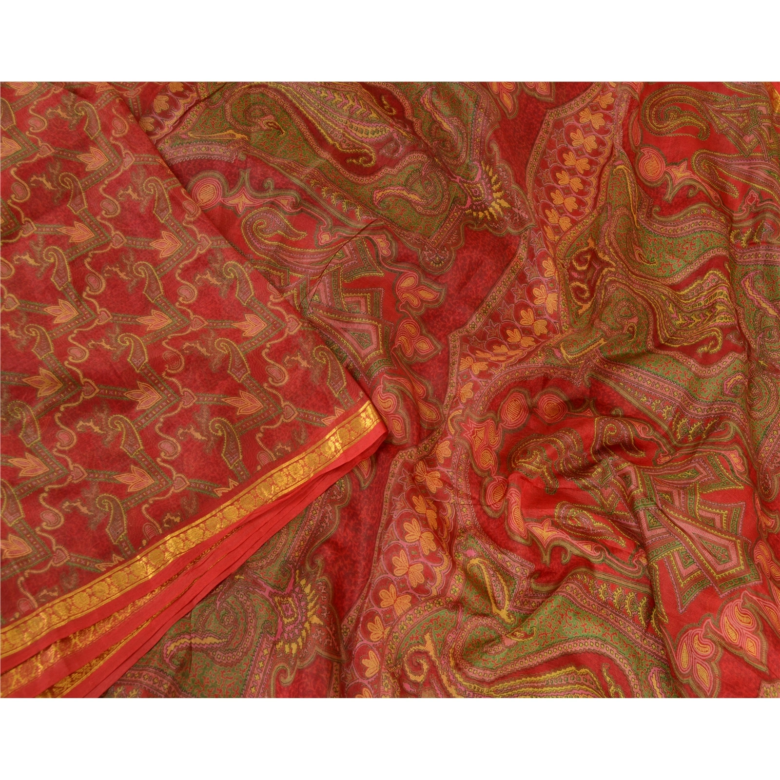 Sanskriti Vintage Sarees Red Zari Border Pure Silk Printed Sari 5Yd Craft Fabric, PR-64676-Red-Pure Silk-3