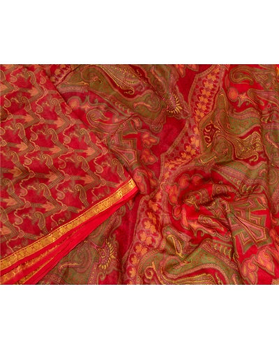 Sanskriti Vintage Sarees Red Zari Border Pure Silk Printed Sari 5Yd Craft Fabric, PR-64676-Red-Pure Silk-3