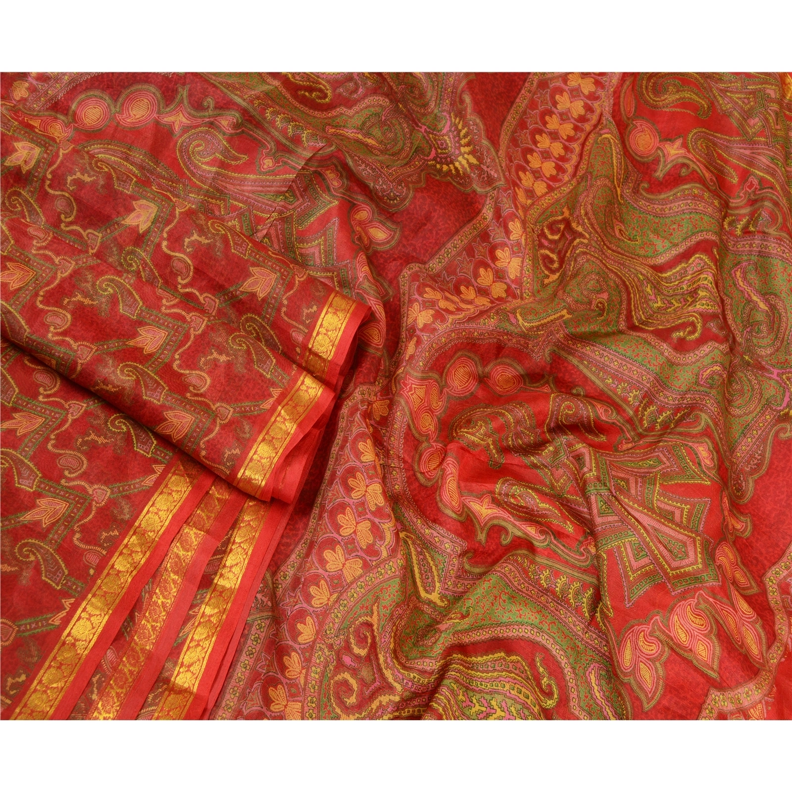 Sanskriti Vintage Sarees Red Zari Border Pure Silk Printed Sari 5Yd Craft Fabric, PR-64676-Red-Pure Silk-4