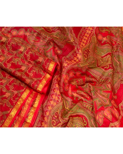 Sanskriti Vintage Sarees Red Zari Border Pure Silk Printed Sari 5Yd Craft Fabric, PR-64676-Red-Pure Silk-4