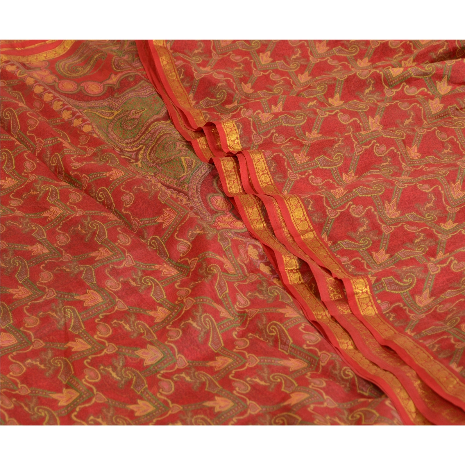 Sanskriti Vintage Sarees Red Zari Border Pure Silk Printed Sari 5Yd Craft Fabric, PR-64676-Red-Pure Silk-5