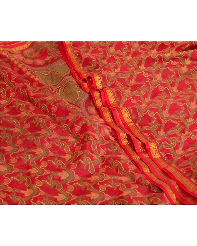 Sanskriti Vintage Sarees Red Zari Border Pure Silk Printed Sari 5Yd Craft Fabric, PR-64676-Red-Pure Silk-5