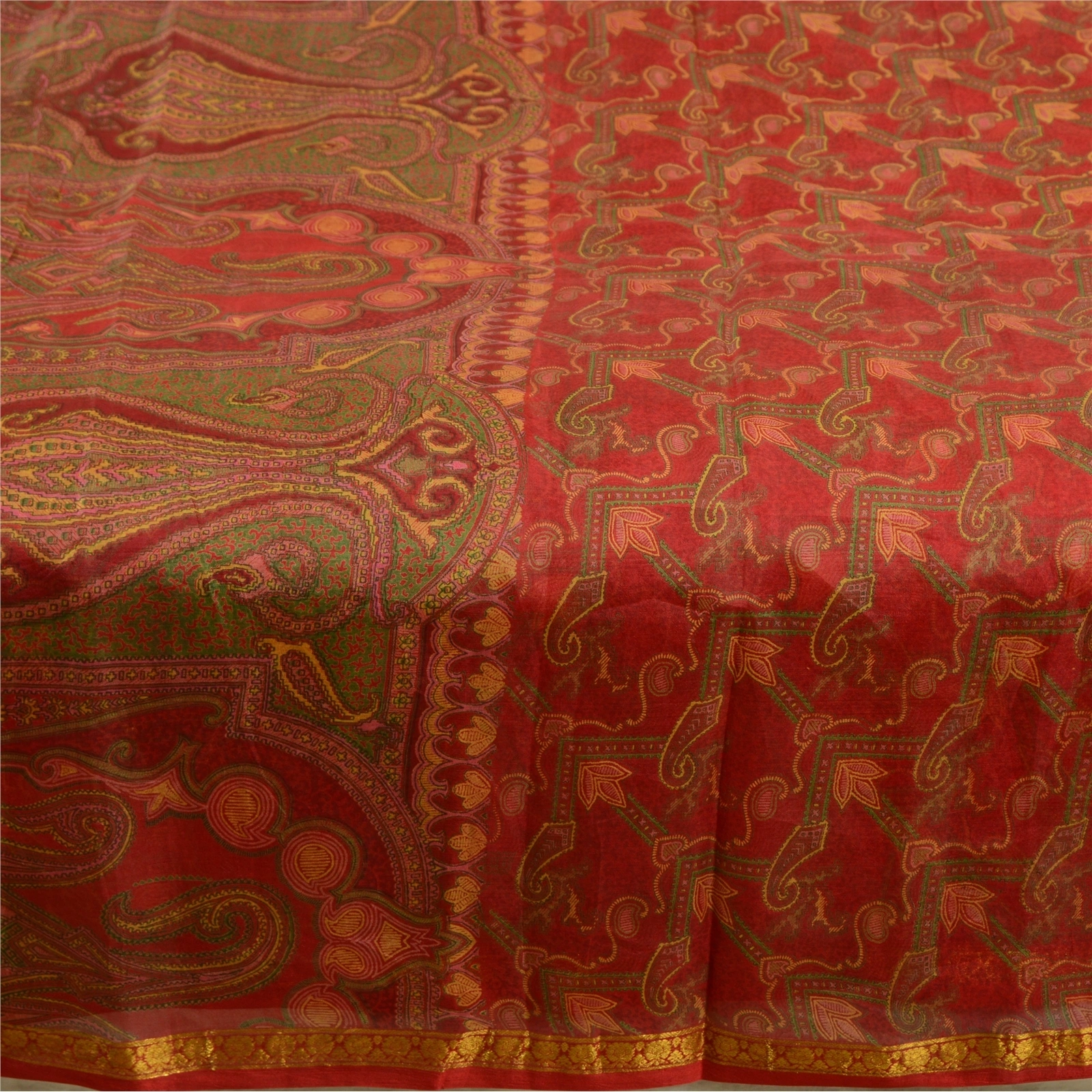 Sanskriti Vintage Sarees Red Zari Border Pure Silk Printed Sari 5Yd Craft Fabric, PR-64676-Red-Pure Silk-6