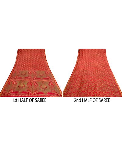 Sanskriti Vintage Sarees Red Zari Border Pure Silk Printed Sari 5Yd Craft Fabric, PR-64676-Red-Pure Silk-7
