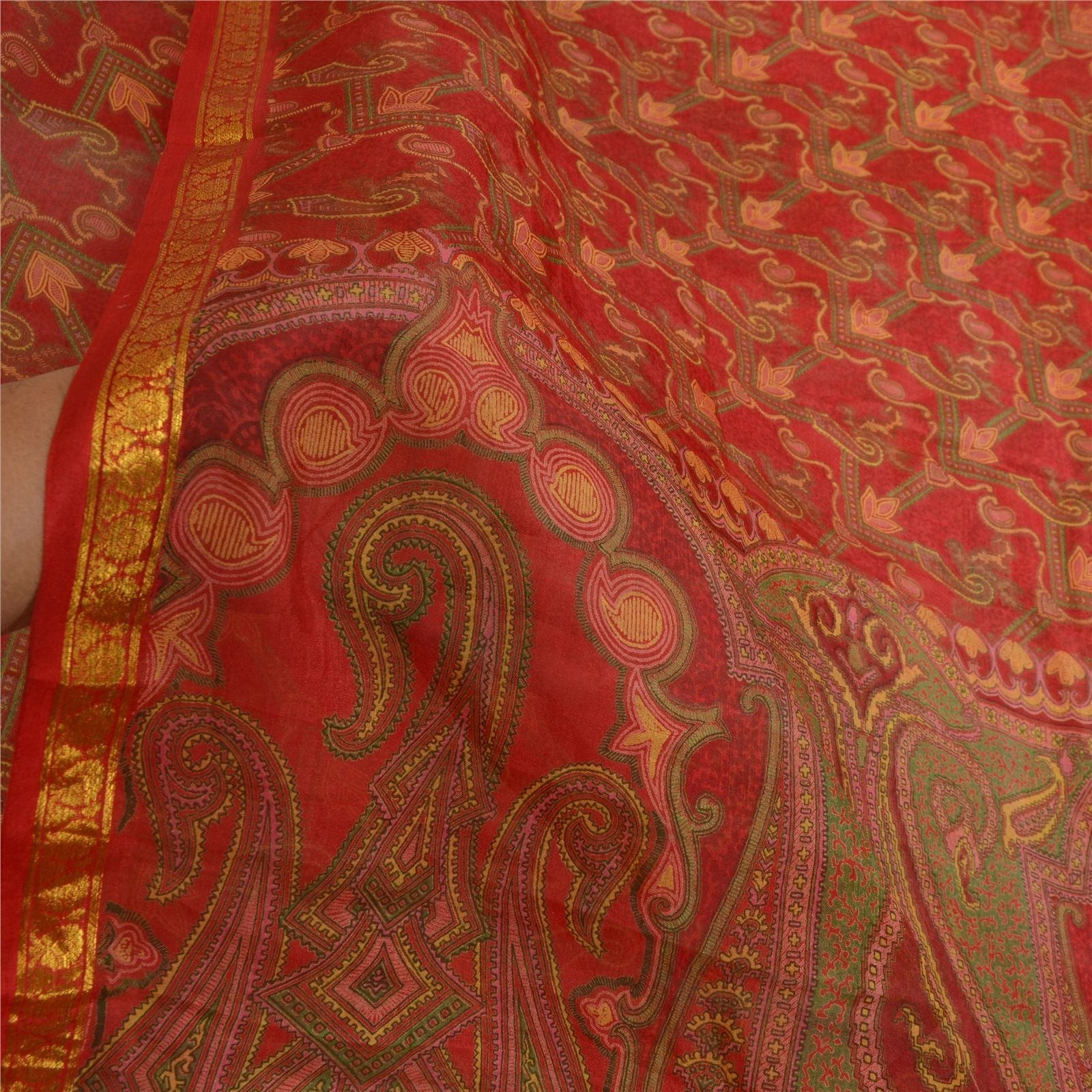 Sanskriti Vintage Sarees Red Zari Border Pure Silk Printed Sari 5Yd Craft Fabric, PR-64676-Red-Pure Silk-8