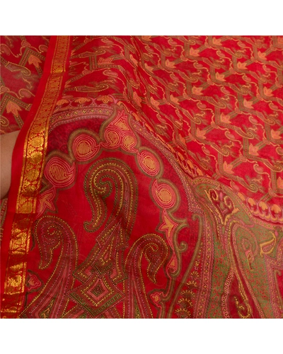 Sanskriti Vintage Sarees Red Zari Border Pure Silk Printed Sari 5Yd Craft Fabric, PR-64676-Red-Pure Silk-8