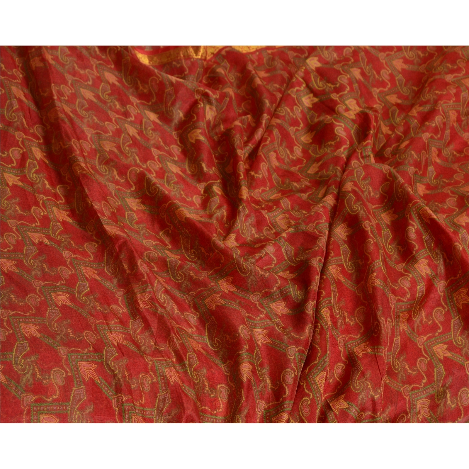 Sanskriti Vintage Sarees Red Zari Border Pure Silk Printed Sari 5Yd Craft Fabric, PR-64676-Red-Pure Silk-9