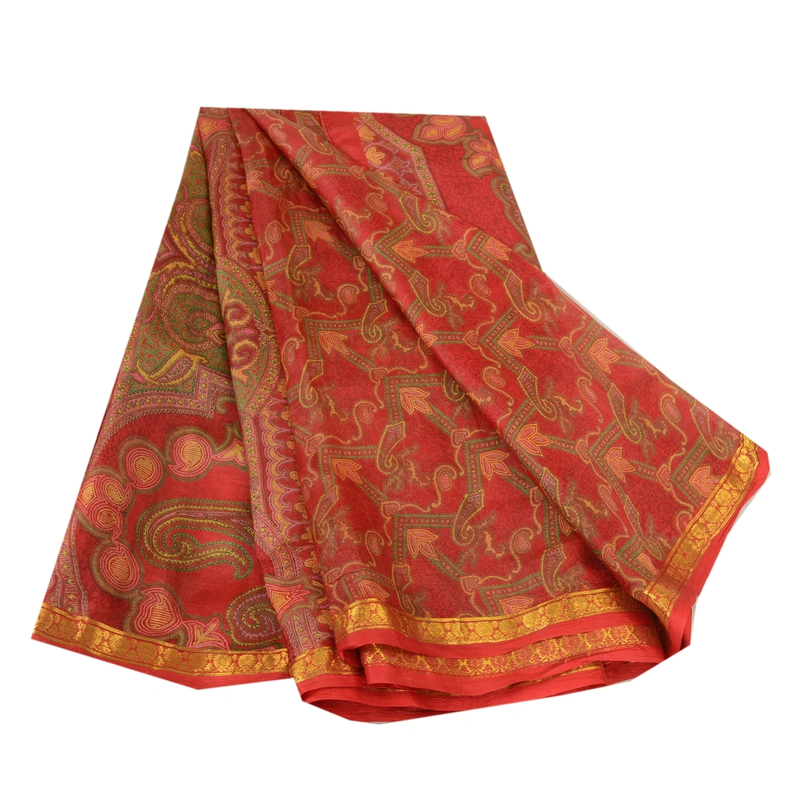 Sanskriti Vintage Sarees Red Zari Border Pure Silk Printed Sari 5Yd Craft Fabric, PR-64676-Red-Pure Silk-10