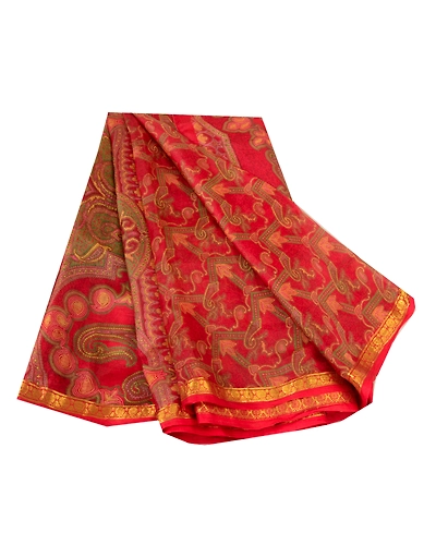 Sanskriti Vintage Sarees Red Zari Border Pure Silk Printed Sari 5Yd Craft Fabric, PR-64676-Red-Pure Silk-10