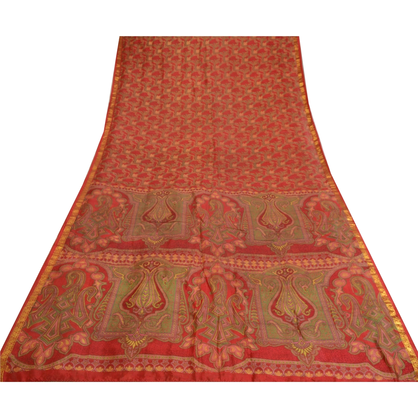 Sanskriti Vintage Sarees Red Zari Border Pure Silk Printed Sari 5Yd Craft Fabric, PR-64676-Red-Pure Silk-11