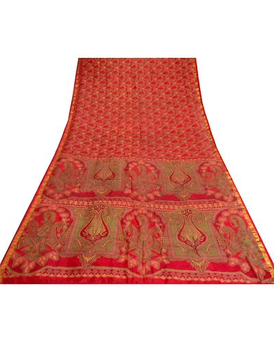 Sanskriti Vintage Sarees Red Zari Border Pure Silk Printed Sari 5Yd Craft Fabric, PR-64676-Red-Pure Silk-11