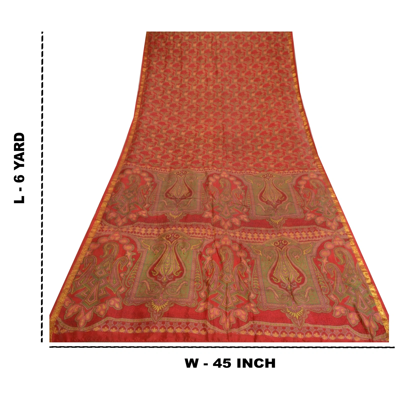 Sanskriti Vintage Sarees Red Zari Border Pure Silk Printed Sari 5Yd Craft Fabric, PR-64676-Red-Pure Silk-12