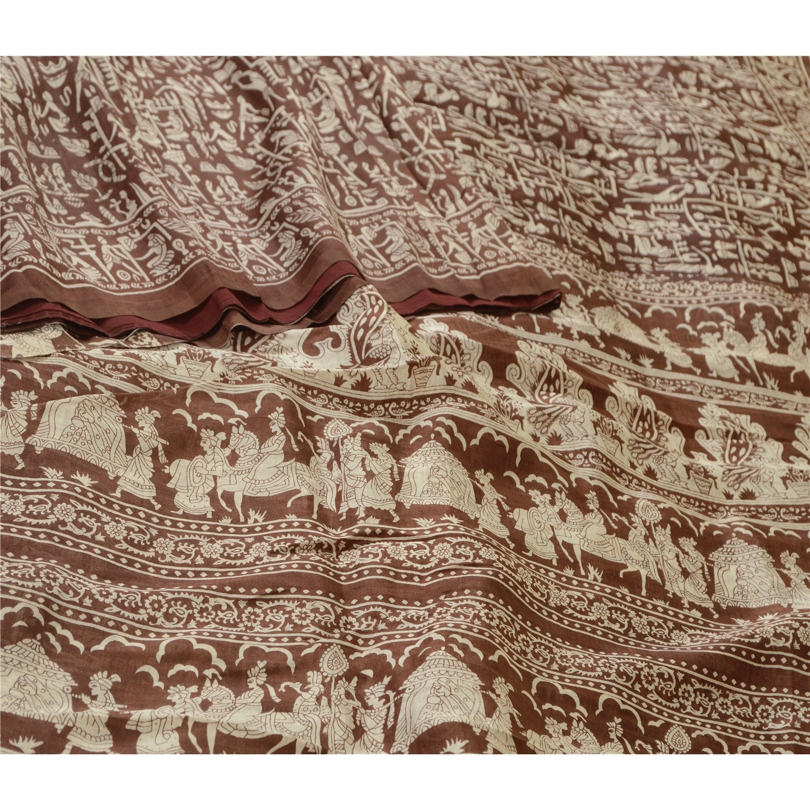 Sanskriti Vintage Sarees Indian Brown Human Printed Pure Silk Sari Craft Fabric, PR-64680-Brown-Pure Silk-1