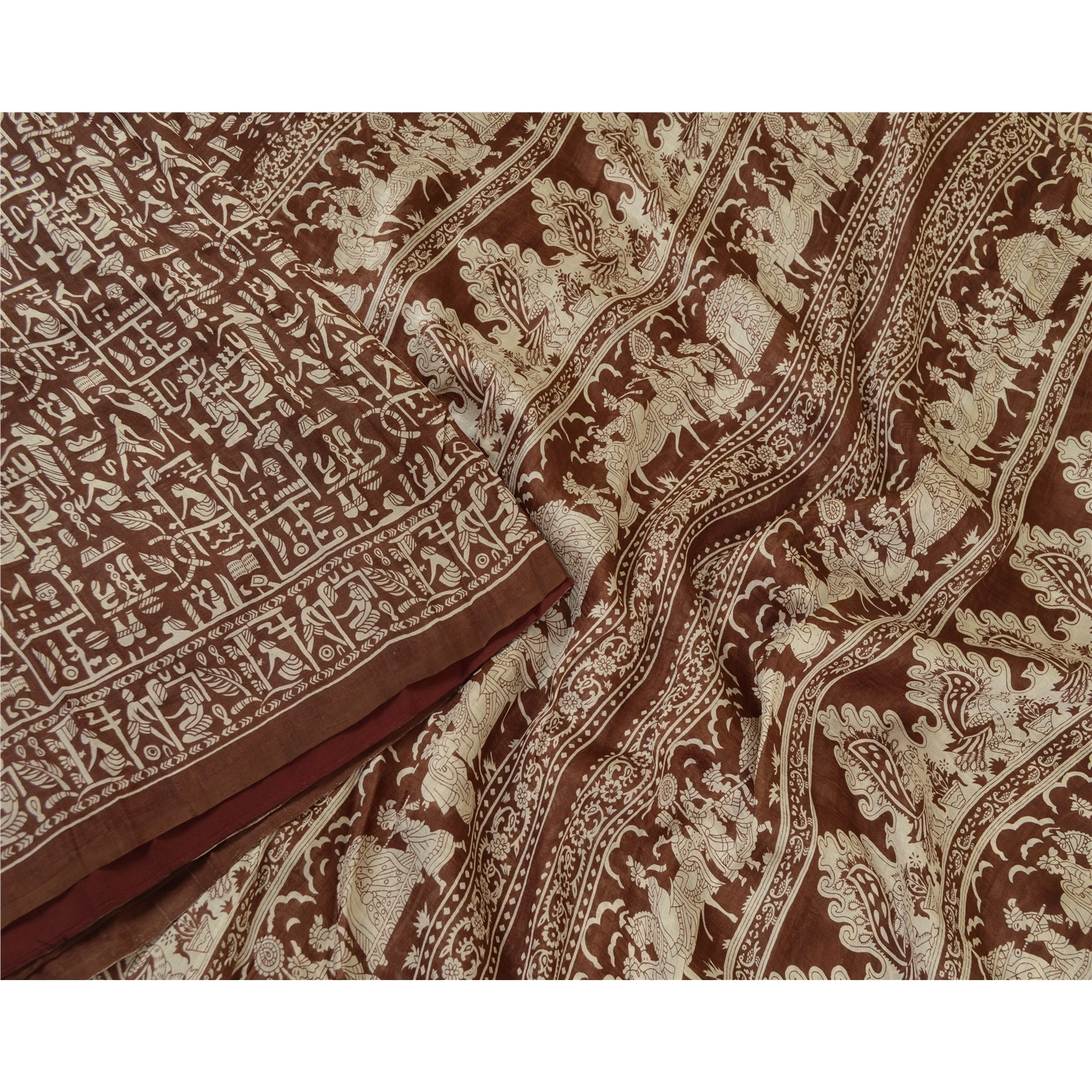 Sanskriti Vintage Sarees Indian Brown Human Printed Pure Silk Sari Craft Fabric, PR-64680-Brown-Pure Silk-3