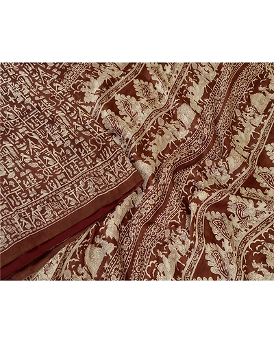 Sanskriti Vintage Sarees Indian Brown Human Printed Pure Silk Sari Craft Fabric, PR-64680-Brown-Pure Silk-3
