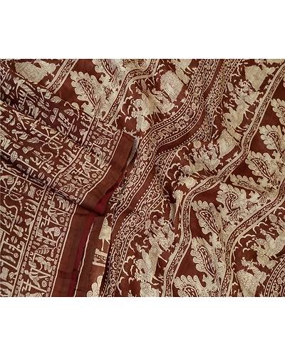 Sanskriti Vintage Sarees Indian Brown Human Printed Pure Silk Sari Craft Fabric, PR-64680-Brown-Pure Silk-4
