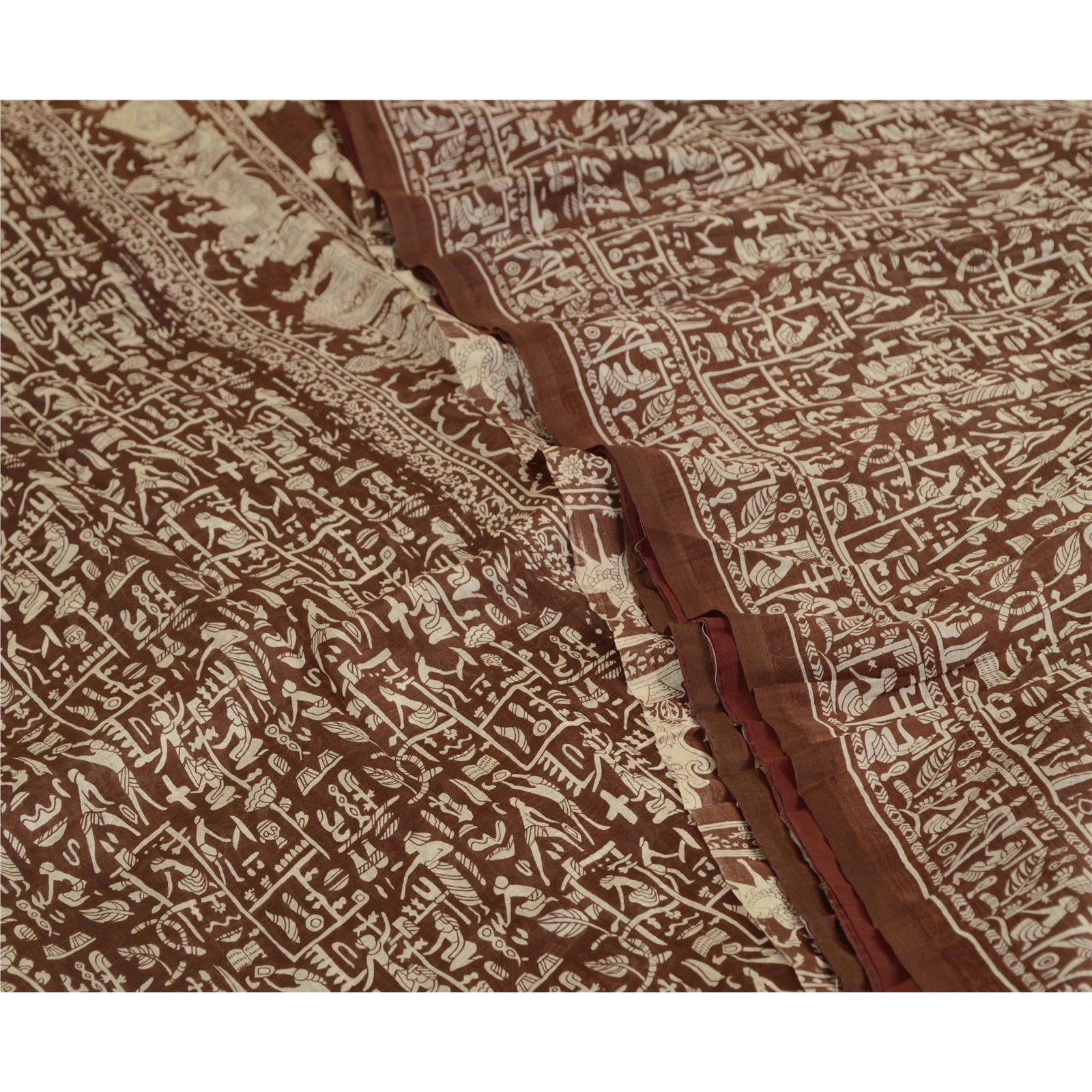 Sanskriti Vintage Sarees Indian Brown Human Printed Pure Silk Sari Craft Fabric, PR-64680-Brown-Pure Silk-5