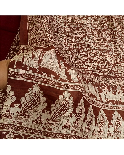 Sanskriti Vintage Sarees Indian Brown Human Printed Pure Silk Sari Craft Fabric, PR-64680-Brown-Pure Silk-8