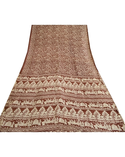 Sanskriti Vintage Sarees Indian Brown Human Printed Pure Silk Sari Craft Fabric, PR-64680-Brown-Pure Silk-11