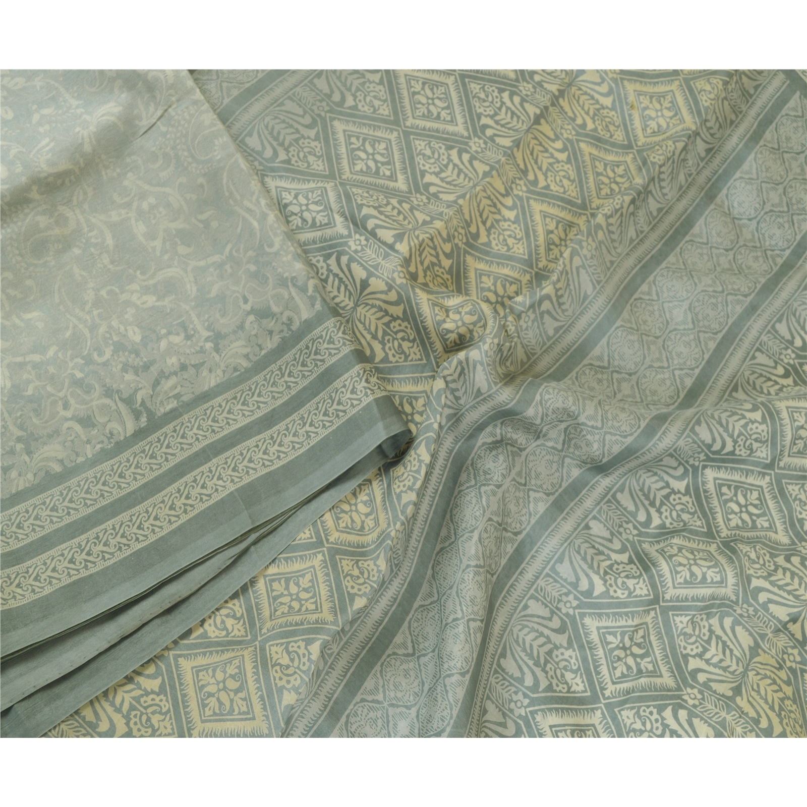 Sanskriti Vintage Sarees From Indian Gray Printed Pure Silk Sari Craft Fabric, PR-64681-Gray-Pure Silk-2