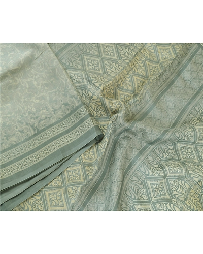 Sanskriti Vintage Sarees From Indian Gray Printed Pure Silk Sari Craft Fabric, PR-64681-Gray-Pure Silk-2