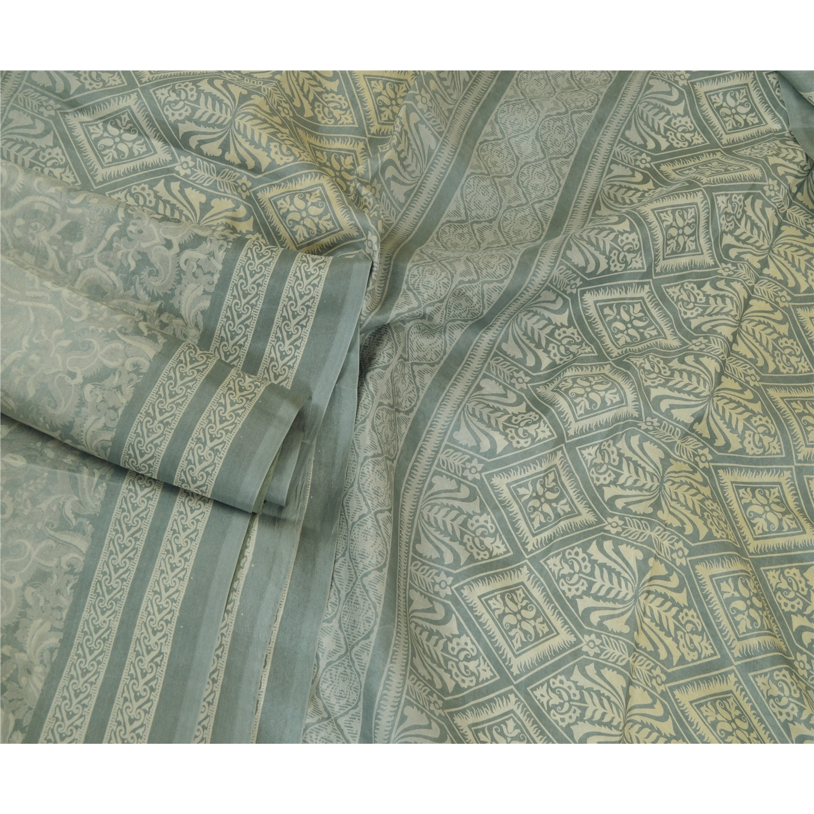 Sanskriti Vintage Sarees From Indian Gray Printed Pure Silk Sari Craft Fabric, PR-64681-Gray-Pure Silk-3