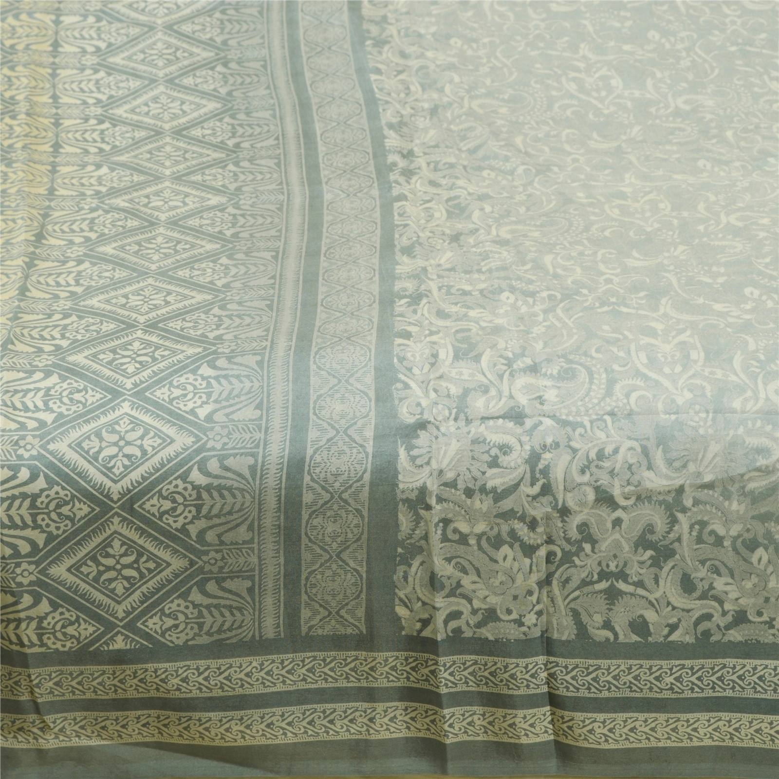 Sanskriti Vintage Sarees From Indian Gray Printed Pure Silk Sari Craft Fabric, PR-64681-Gray-Pure Silk-5