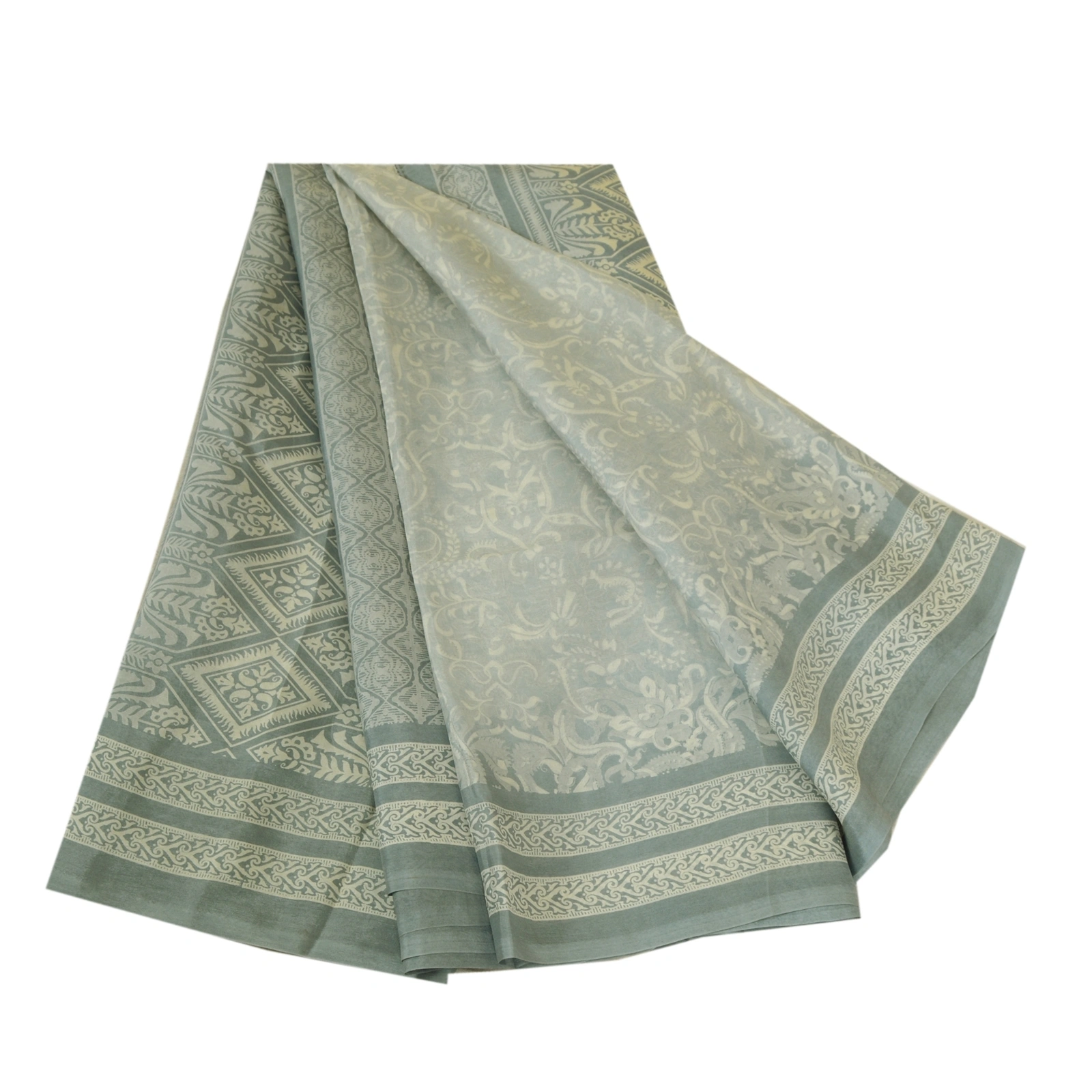 Sanskriti Vintage Sarees From Indian Gray Printed Pure Silk Sari Craft Fabric, PR-64681-Gray-Pure Silk-9