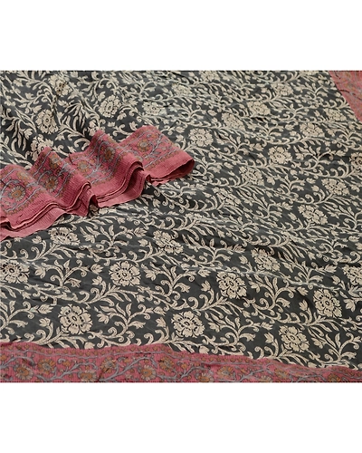 Sanskriti Vintage Sarees Black &amp; Purple Printed Pure Silk Sari Soft Craft Fabric, PR-64684-Black &amp; Purple-Pure Silk-1