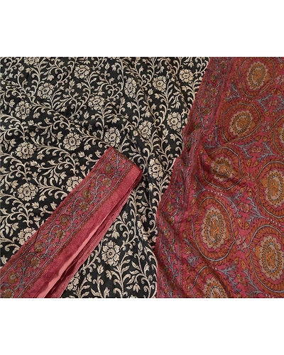 Sanskriti Vintage Sarees Black &amp; Purple Printed Pure Silk Sari Soft Craft Fabric, PR-64684-Black &amp; Purple-Pure Silk-2