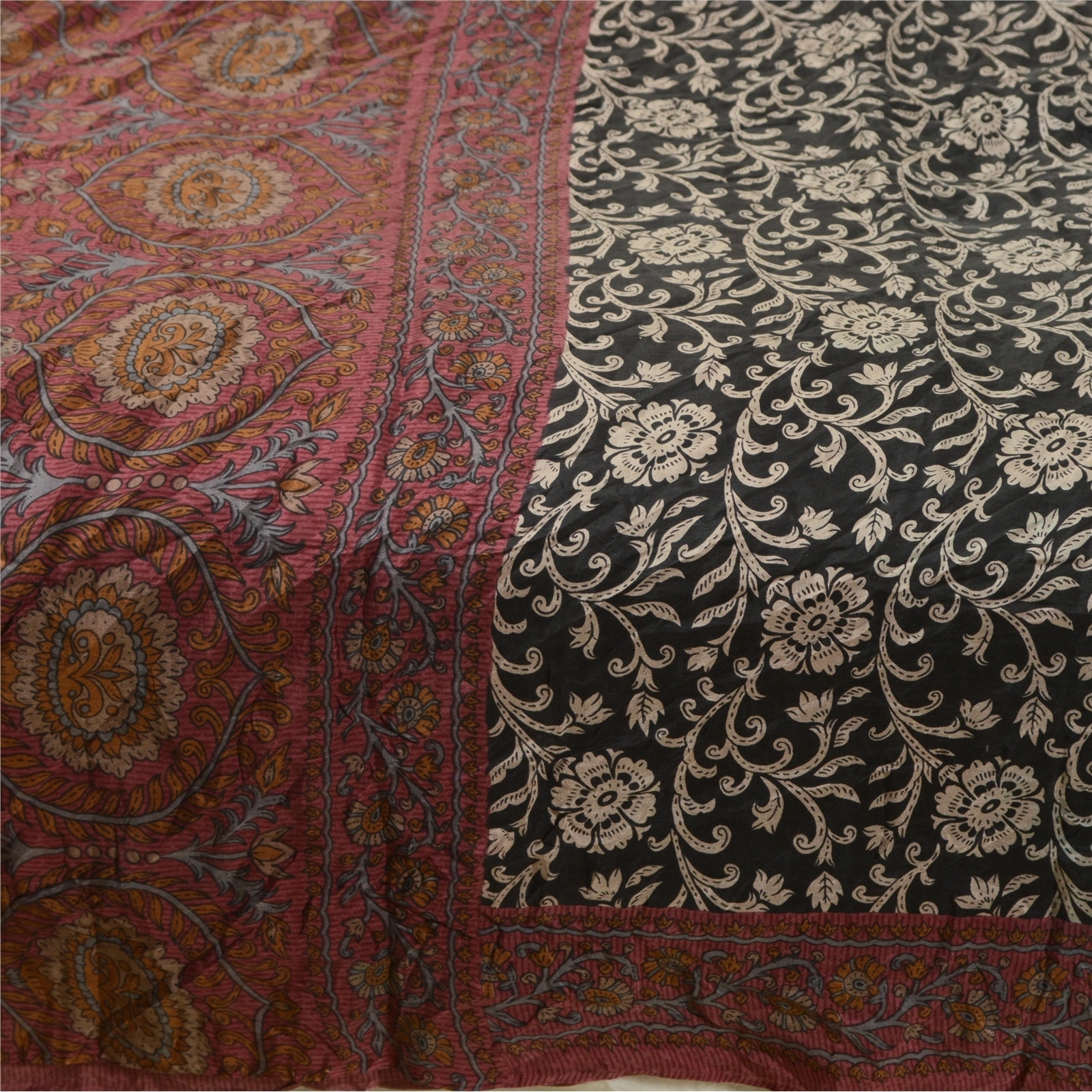 Sanskriti Vintage Sarees Black &amp; Purple Printed Pure Silk Sari Soft Craft Fabric, PR-64684-Black &amp; Purple-Pure Silk-5