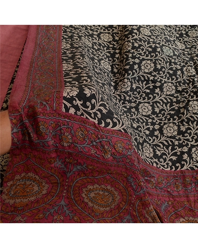 Sanskriti Vintage Sarees Black &amp; Purple Printed Pure Silk Sari Soft Craft Fabric, PR-64684-Black &amp; Purple-Pure Silk-7