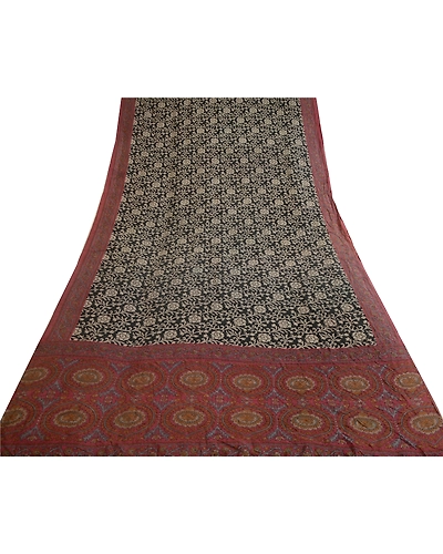 Sanskriti Vintage Sarees Black &amp; Purple Printed Pure Silk Sari Soft Craft Fabric, PR-64684-Black &amp; Purple-Pure Silk-10
