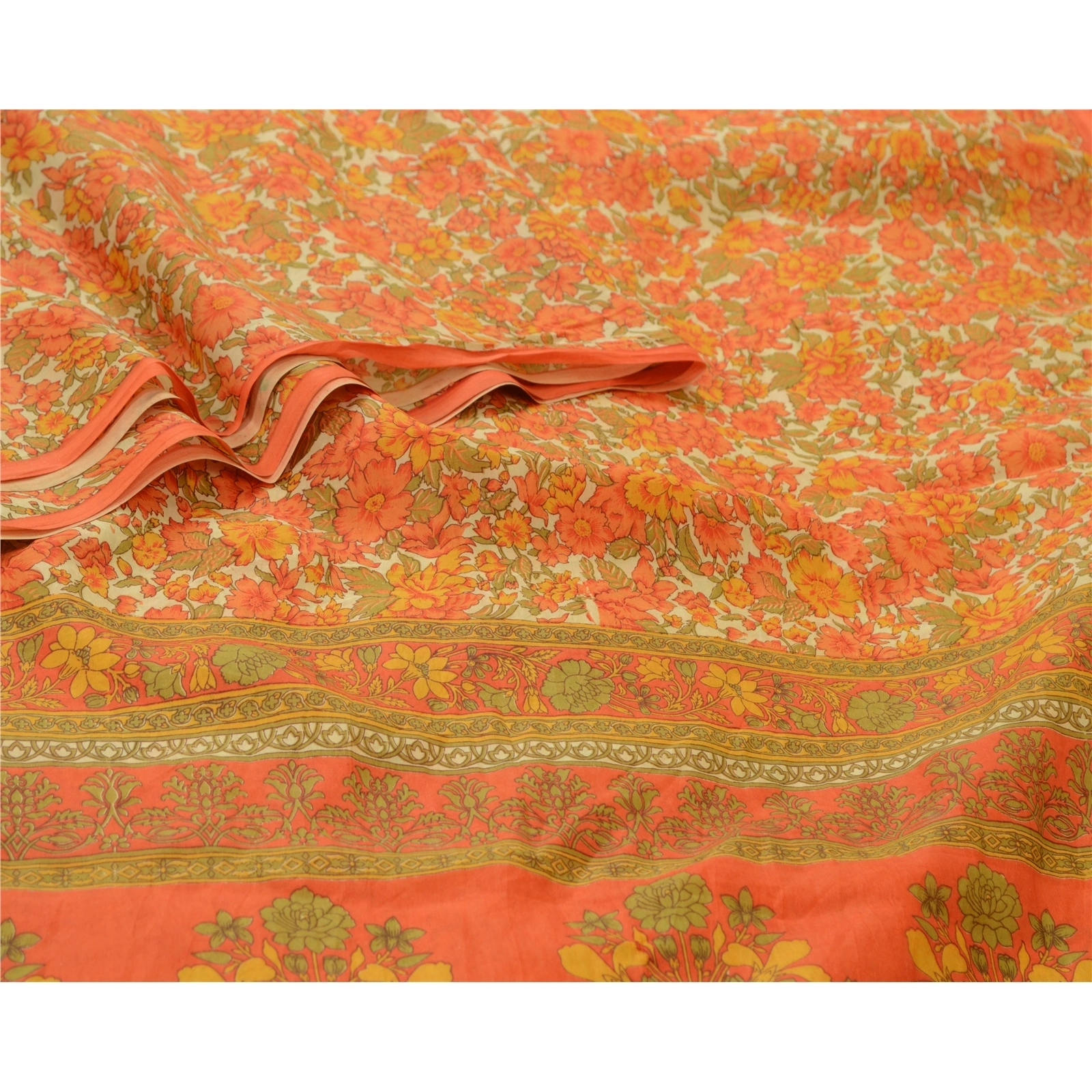 Sanskriti Vintage Sarees Orange Printed 100% Pure Silk Sari Soft Craft Fabric, PR-64685-Orange-Pure Silk-1