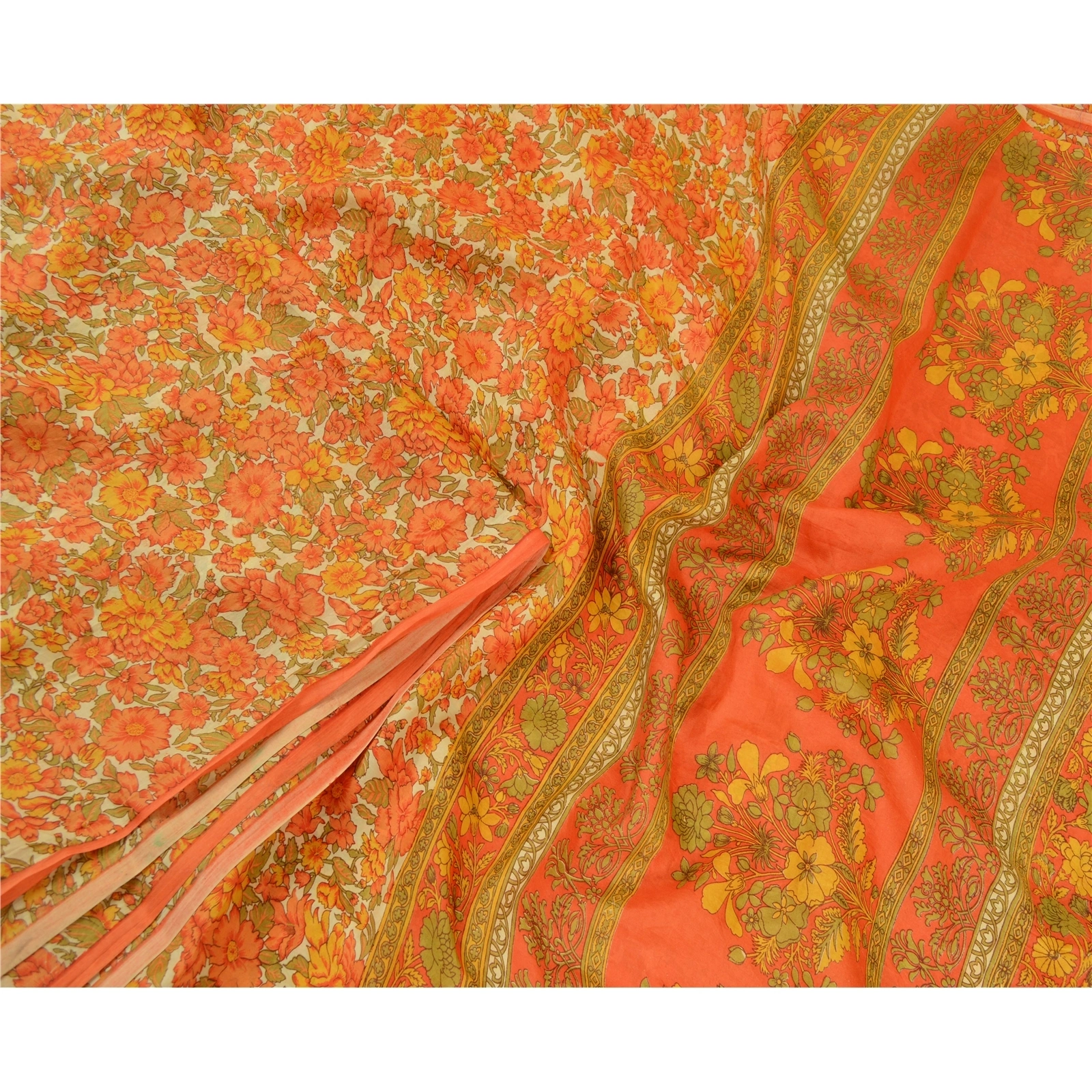 Sanskriti Vintage Sarees Orange Printed 100% Pure Silk Sari Soft Craft Fabric, PR-64685-Orange-Pure Silk-2