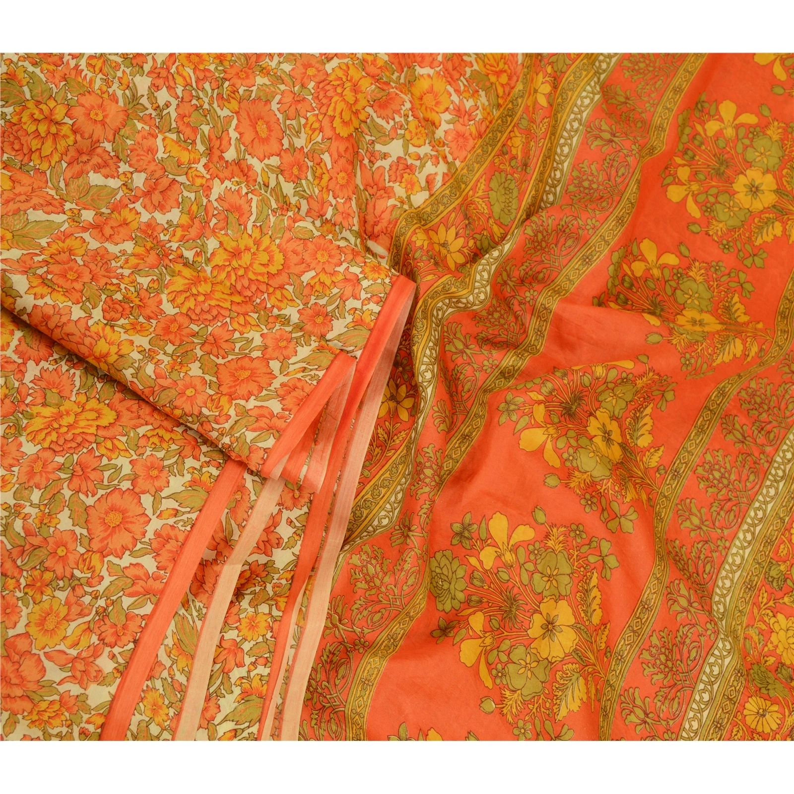 Sanskriti Vintage Sarees Orange Printed 100% Pure Silk Sari Soft Craft Fabric, PR-64685-Orange-Pure Silk-3