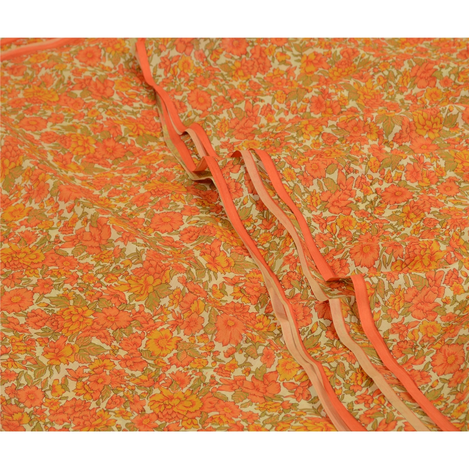 Sanskriti Vintage Sarees Orange Printed 100% Pure Silk Sari Soft Craft Fabric, PR-64685-Orange-Pure Silk-4