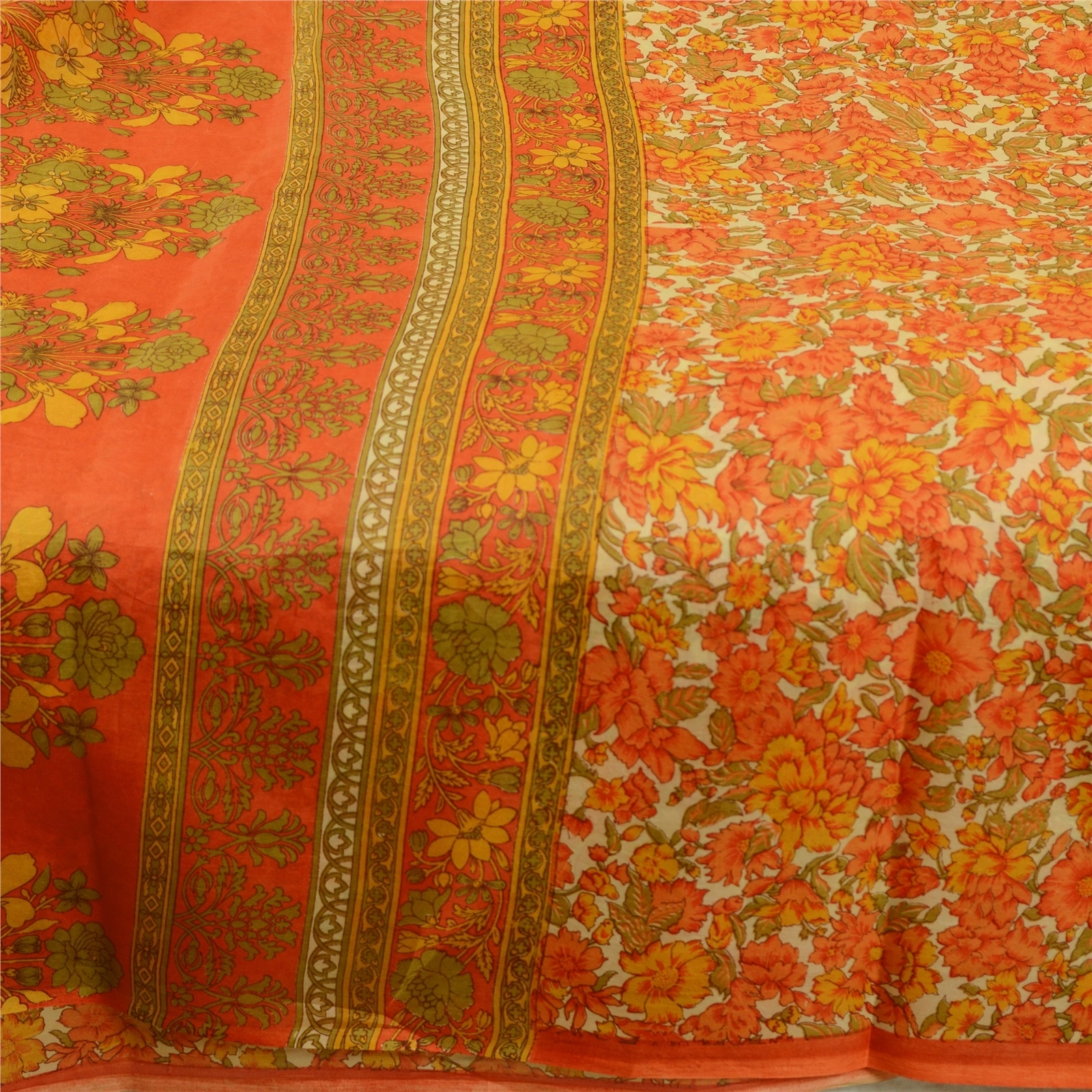 Sanskriti Vintage Sarees Orange Printed 100% Pure Silk Sari Soft Craft Fabric, PR-64685-Orange-Pure Silk-5