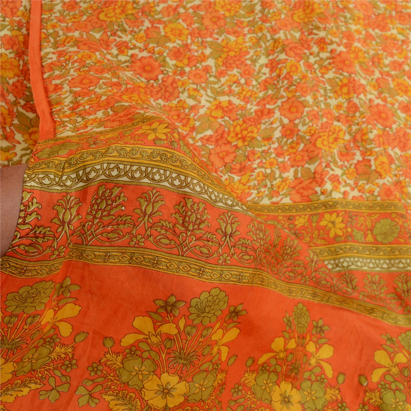 Sanskriti Vintage Sarees Orange Printed 100% Pure Silk Sari Soft Craft Fabric, PR-64685-Orange-Pure Silk-7