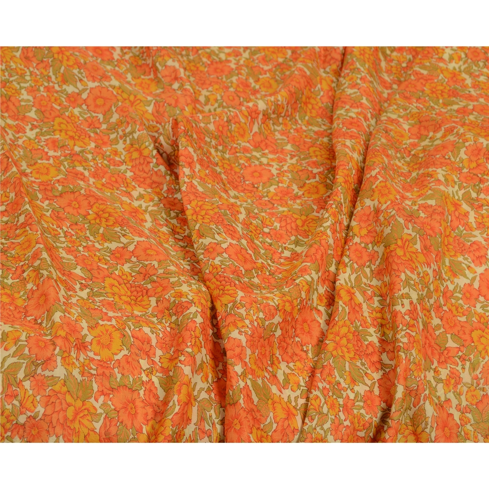 Sanskriti Vintage Sarees Orange Printed 100% Pure Silk Sari Soft Craft Fabric, PR-64685-Orange-Pure Silk-8