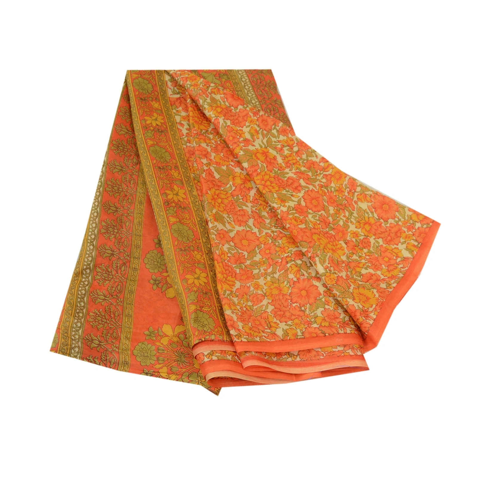 Sanskriti Vintage Sarees Orange Printed 100% Pure Silk Sari Soft Craft Fabric, PR-64685-Orange-Pure Silk-9