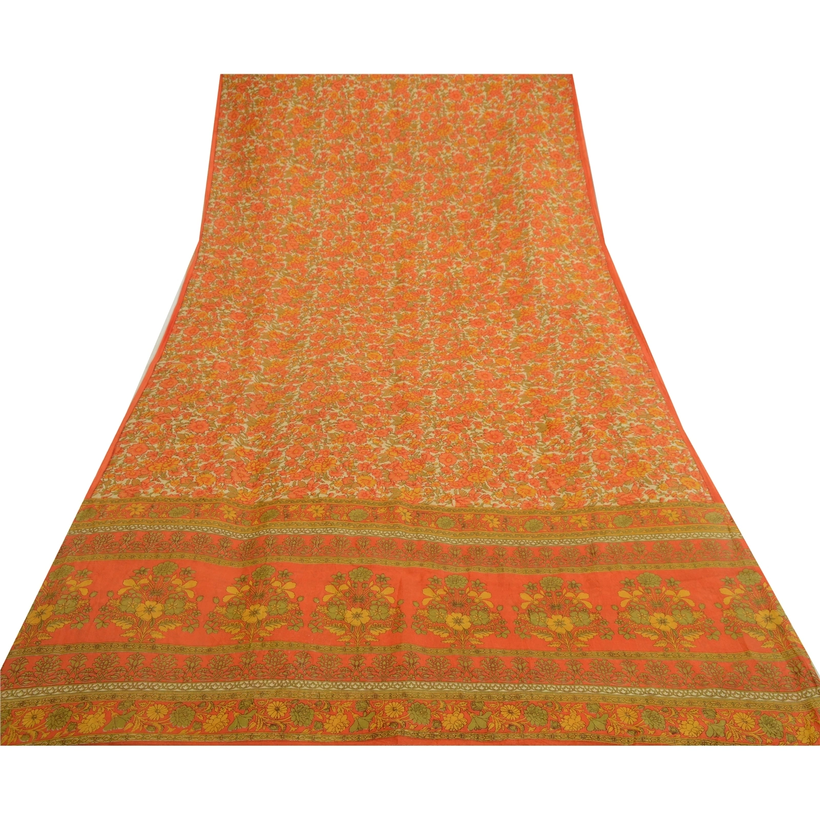 Sanskriti Vintage Sarees Orange Printed 100% Pure Silk Sari Soft Craft Fabric, PR-64685-Orange-Pure Silk-10