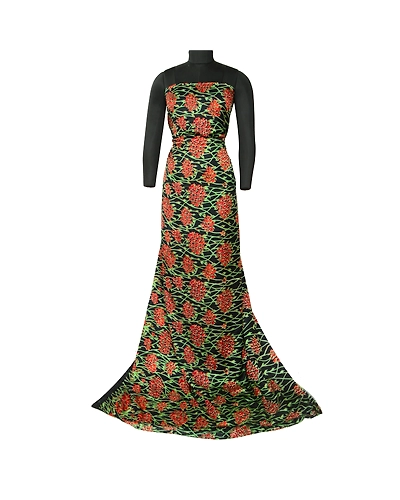 Sanskriti Vintage Sarees Black &amp; Red Pure Satin Silk Printed Sari Craft Fabric, PR-64697-Black &amp; Red-Pure Satin Silk-2