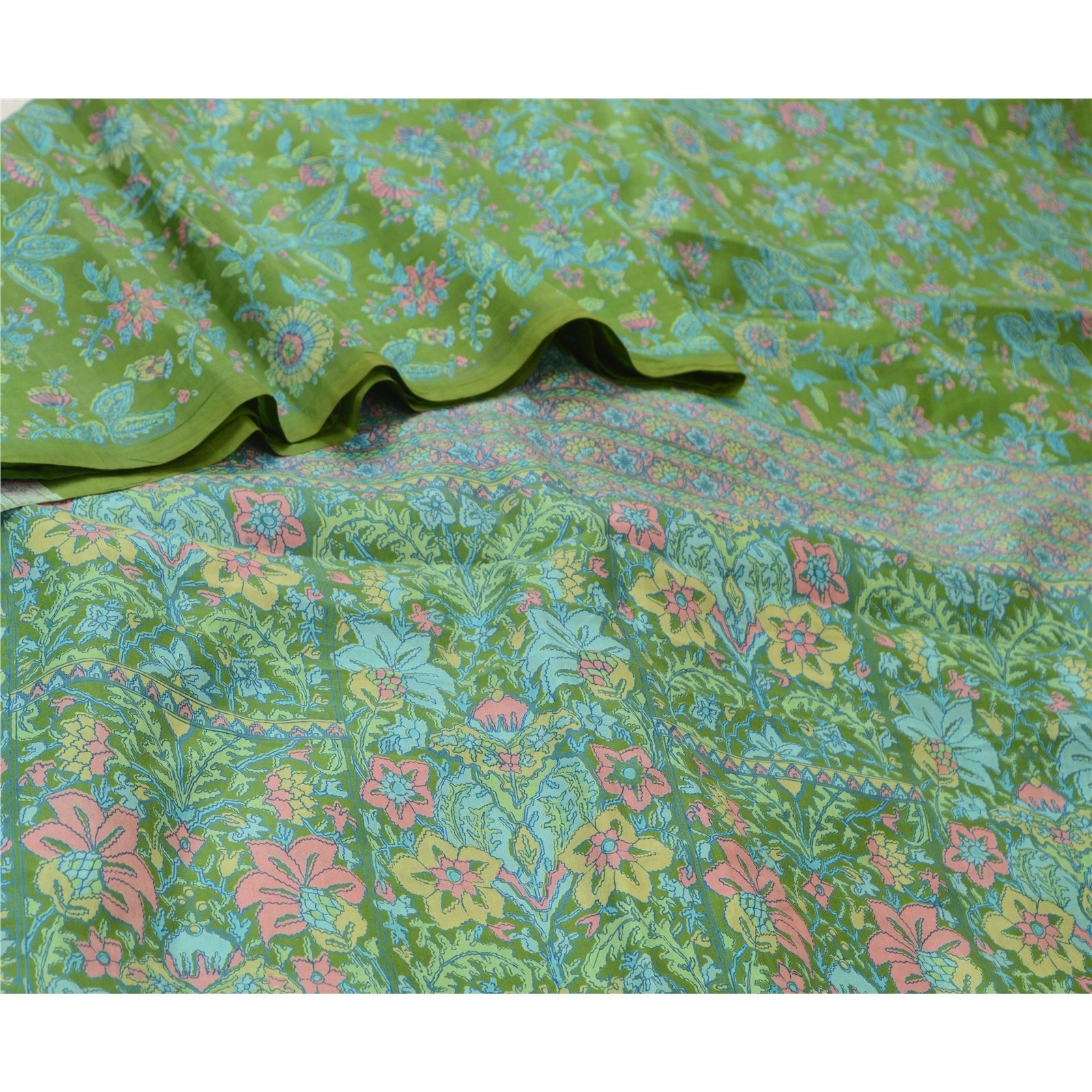 Sanskriti Vintage Sarees From India Green Pure Silk Printed Sari Craft Fabric, PR-64699-Green-Pure Silk-1