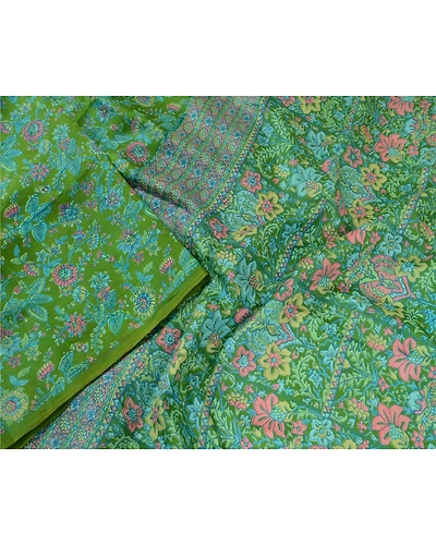 Sanskriti Vintage Sarees From India Green Pure Silk Printed Sari Craft Fabric, PR-64699-Green-Pure Silk-2