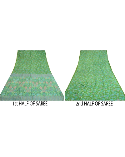 Sanskriti Vintage Sarees From India Green Pure Silk Printed Sari Craft Fabric, PR-64699-Green-Pure Silk-6